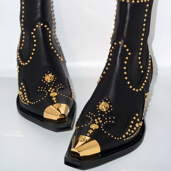 Versace Women’s Studded Leather Cowboy Ankle Boots - Picture 2 of 13